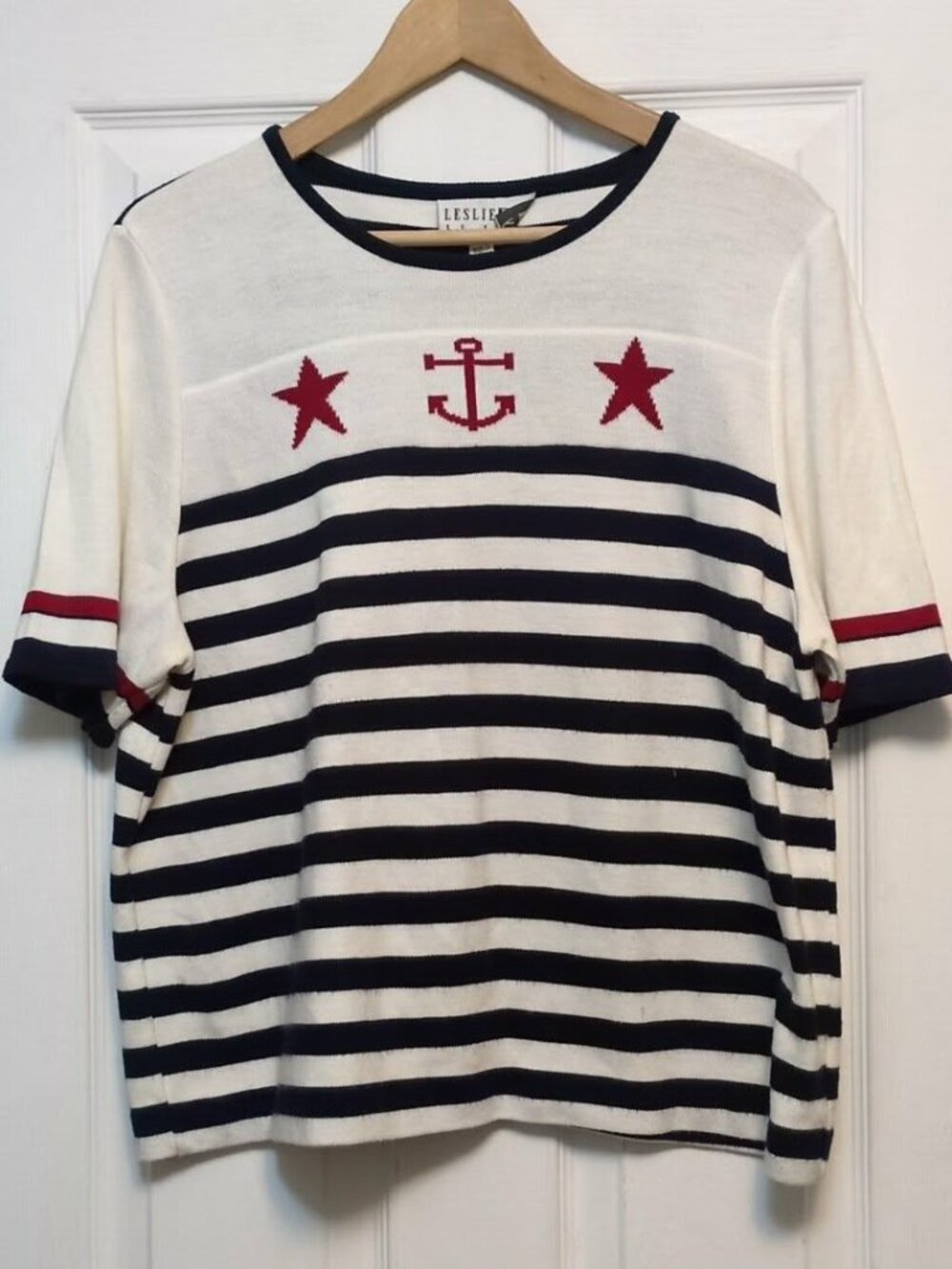 VTG Leslie Fay Nautical Striped Sweater Knit Top Coastal Grandma American Sz XL